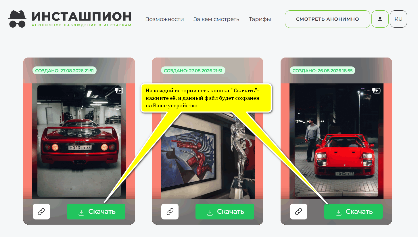Кнопка Скачать на карточке истории в Instashpion