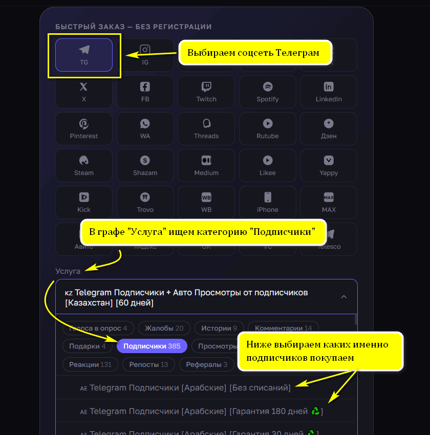 Выбор соцсети Телеграм и услуги Подписчики на nakrutka.online