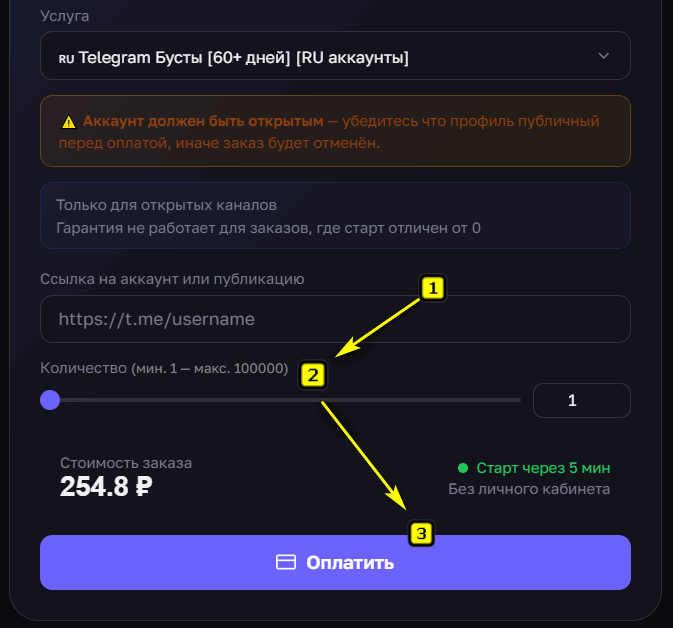 Оформление заказа на накрутку бустов Telegram