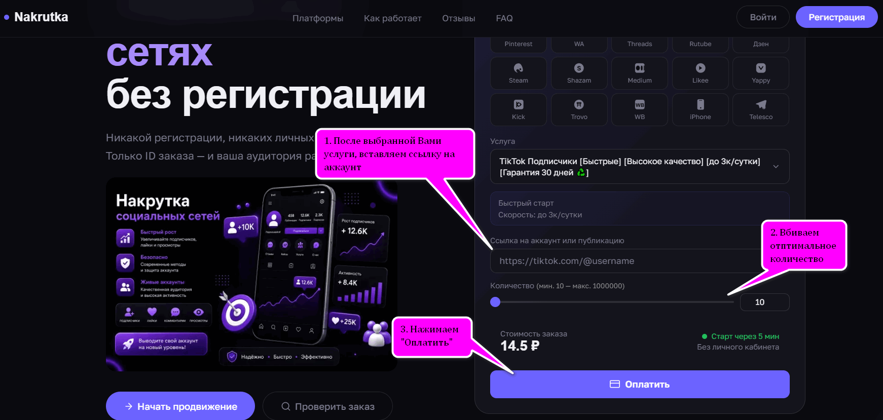Ввод ссылки на профиль, количества и оплата заказа на nakrutka.online