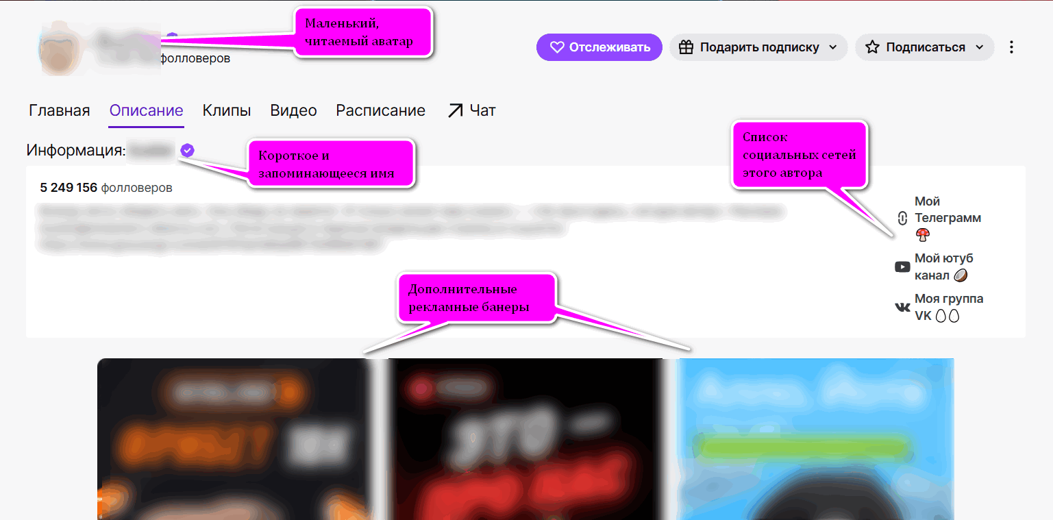Информация о канале Twitch: имя, соцсети, дополнительные баннеры